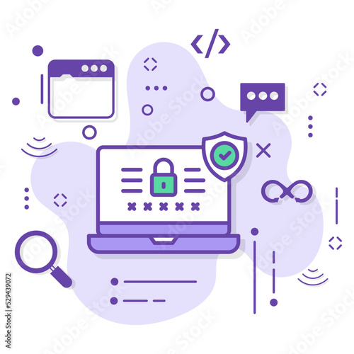 Login Screen Interface Concept stock illustration, Password protected locked Display vector Icon design, Padlock with Security shield Sign, Cloud computing and Internet hosting service Symbol,