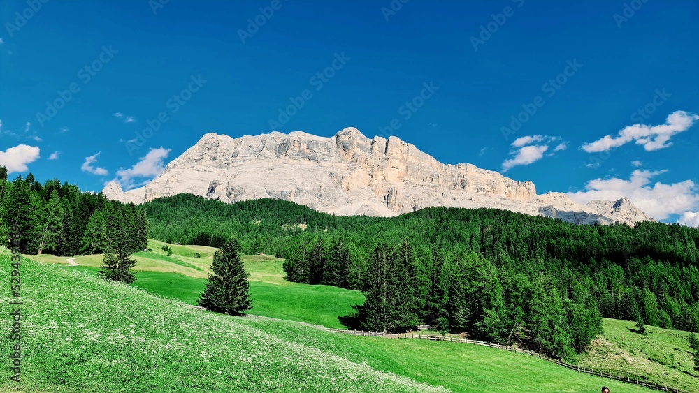 Fototapeta premium Val Badia, Italy-July 18, 2022: The italian Dolomites behind the small village of Corvara in summer days with beaitiful blue sky in the background. Green nature in the middle of the rocks.