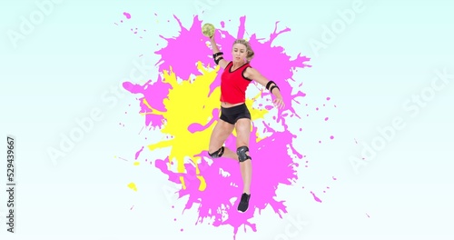 Digital composite image of caucasian female handball player throwing ball with colorful abstract