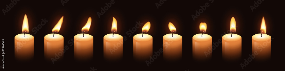 3d flames on wax candle wick set, realistic candlelight animation on black background