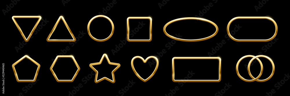 Gold frames of different geometric shapes, 3d realistic shiny golden border collection Gold frames of different geometric shapes, 3d realistic shiny golden border collection