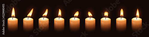 3d flames on wax candle wick set, realistic candlelight animation on black background