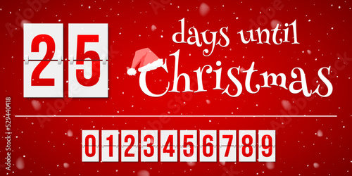 Countdown of days until Christmas, advent calendar with flip numbers template vector illustration. Red and white text with Santa hat and Christmas holiday and events counter with numbers from 0 to 9 photo