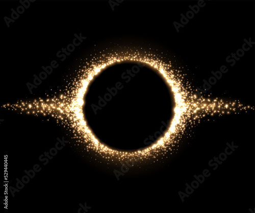 Magic round frame with gold dust glitter light effect, flashes of energy spray shooting