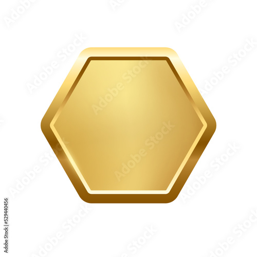 Gold hexagon button with frame vector illustration. 3d golden glossy elegant design for empty emblem, medal or badge, shiny and gradient light effect on plate isolated on white background