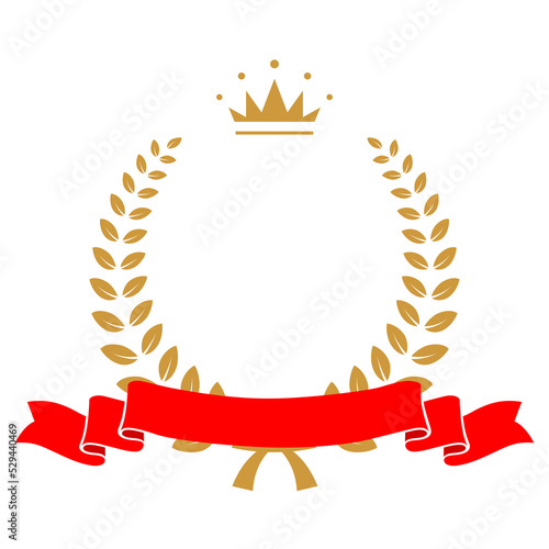 Yellow laurel wreath and red ribbon set vector illustration. Winner award with leaves and crowns silhouettes, trophy, gold certificate or birthday congratulation for ceremony isolated on white