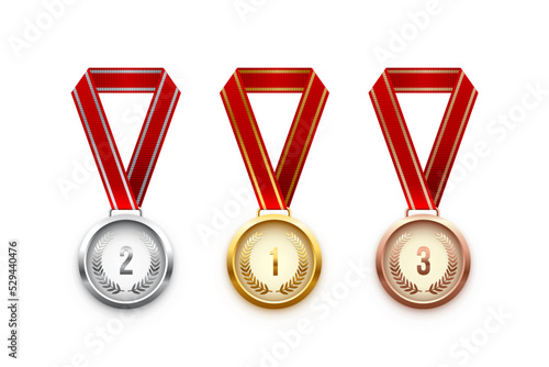 Golden, silver and bronze medals hanging on red ribbons isolated on white background. Vector sports illustration.