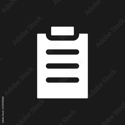 Filled tablet dark mode glyph ui icon. Handwriting notes. Collect data. User interface design. White silhouette symbol on black space. Solid pictogram for web, mobile. Vector isolated illustration