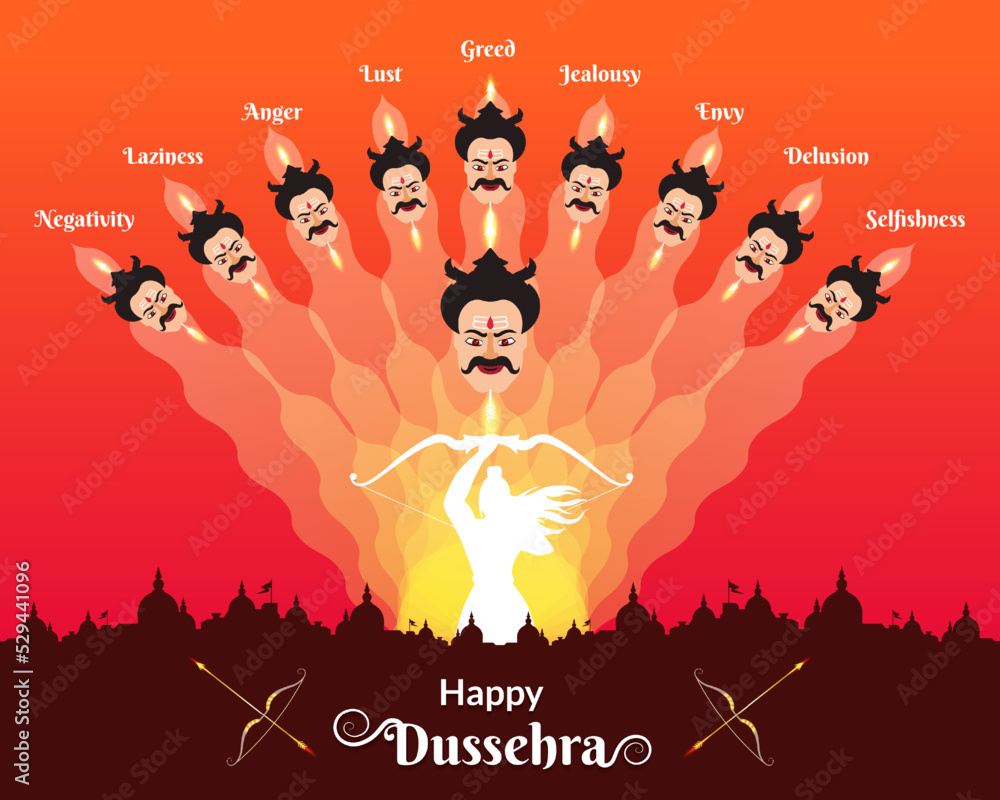 Indian festival Dussehra greeting with Ravana evil heads showing social evils.