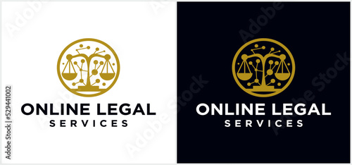 Online law firm and lawyer technology logo, online based legal justice, attorney services