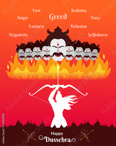 Indian festival Dussehra greeting with Ravana evil heads showing social evils.