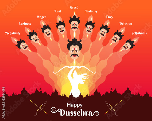 Indian festival Dussehra greeting with Ravana evil heads showing social evils.