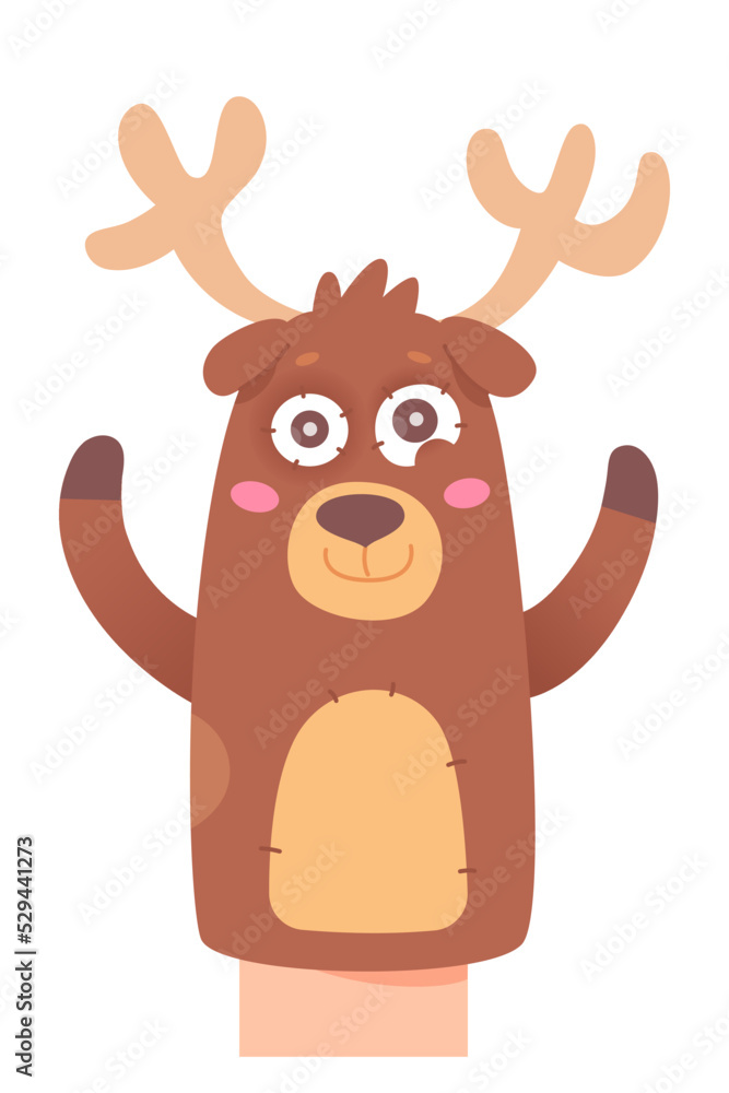 Funny deer, hand or finger puppet doll for kids show, isolated cute animal character