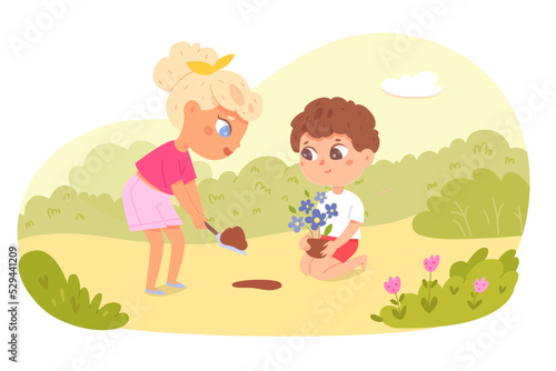 Kids volunteers work in summer or spring village garden, characters grow plants in park