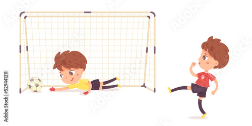 Boys play soccer game, isolated action scene between striker and goalkeeper during match