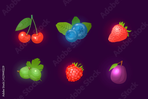 Glowing fruit set for slot machine, gambling, online games, neon elements with glow