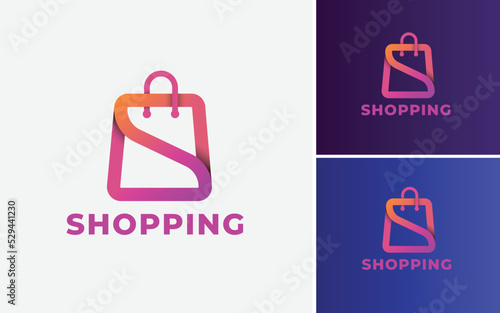 Shopping Logo Design With Bag. Online Shop Design. Online Shopping Store And E-Commerce Logo Vector.