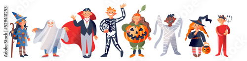 Halloween party and kid character set, cute children have fun in scary spooky costumes