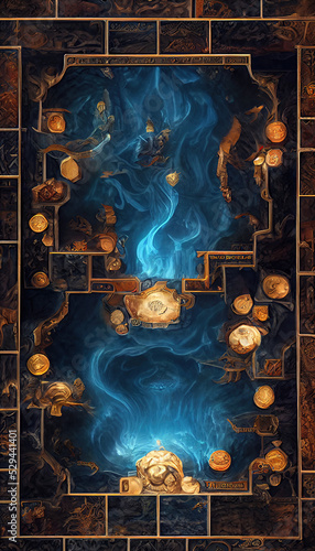 Map of City with Red Tiles. River in Cave. Card Deck. Game Art. Ui Kit with Magic Items. User Interface Elements with Frame. Concept Art Scenery. Book Illustration. Video Game Scene. Serious Digital. 