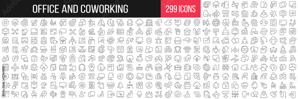 Office and coworking linear icons collection. Big set of 299 thin line icons in black. Vector illustration
