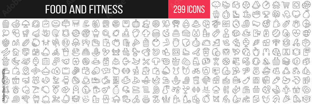 Food and fitness linear icons collection. Big set of 299 thin line icons in black. Vector illustration