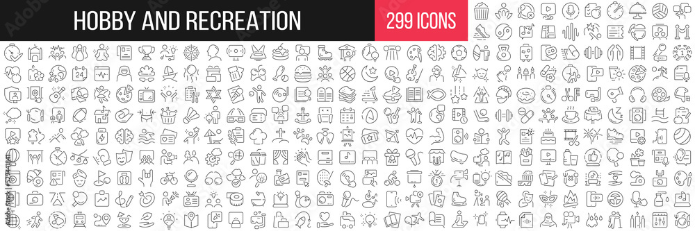 Hobby and recreation linear icons collection. Big set of 299 thin line icons in black. Vector illustration - obrazy, fototapety, plakaty 