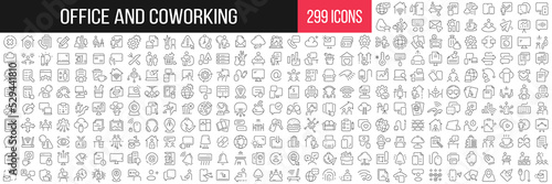Office and coworking linear icons collection. Big set of 299 thin line icons in black. Vector illustration photo