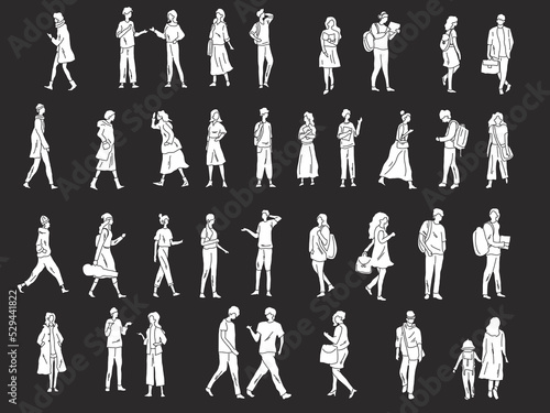 Monochrome crowd of people perfect for architectural drawings, sections, elevations, floor plans, post-digital drawings, architectural collages, 3D views and renderings