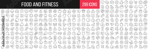 Food and fitness linear icons collection. Big set of 299 thin line icons in black. Vector illustration © stas111