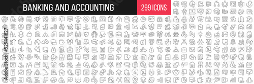 Banking and accounting linear icons collection. Big set of 299 thin line icons in black. Vector illustration