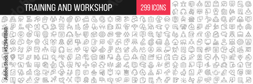 Training and workshop linear icons collection. Big set of 299 thin line icons in black. Vector illustration