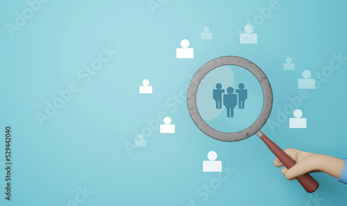 Magnifying glass looking for people icon, employee search symbol concept. Staff selection concept