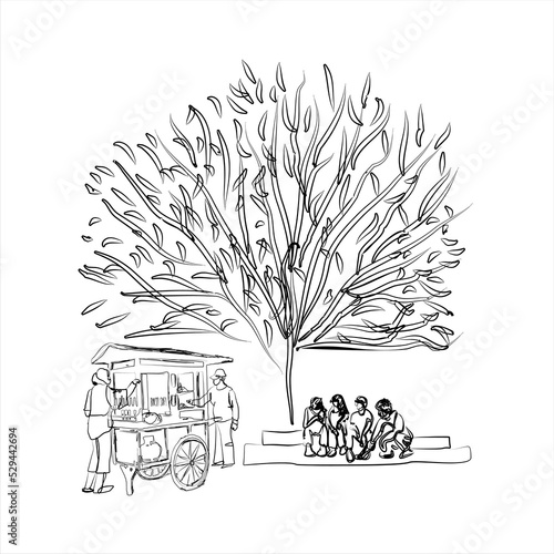 Hand drawn illustration of a meatball seller in Indonesia. Bakso is a kind of soup with meat balls, noodles and gravy