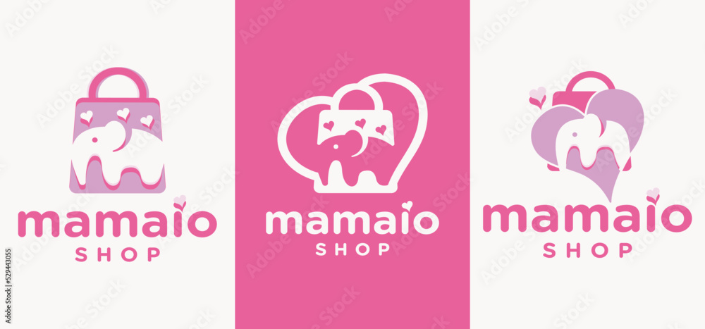 Logo combination of letter M elephant and bag, logo for baby clothing store logo for children's love Logo combination of letter M elephant and bag, logo for baby clothing store logo for children's love