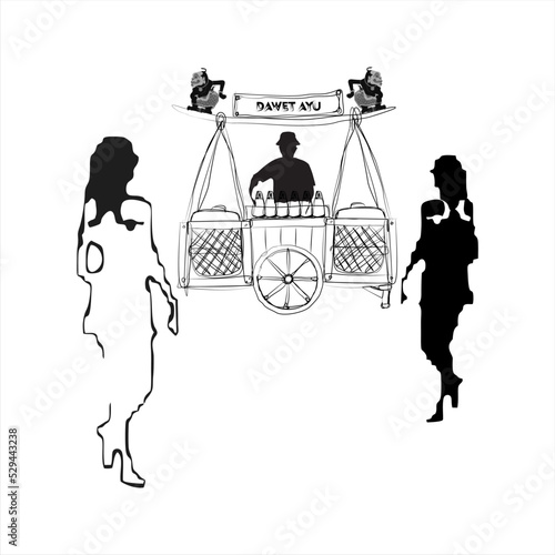 Hand drawn illustration of a Dawet Ayu seller in Indonesia. Dawet Ayu is a traditional drink from Banjarnegara, Central Java, made from coconut milk.