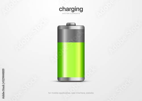 3d green battery icon. Full and half charge with lighting. 3d battery charging process symbol for UI UX, website, mobile app.