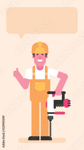 Builder holding large drill and showing thumbs up