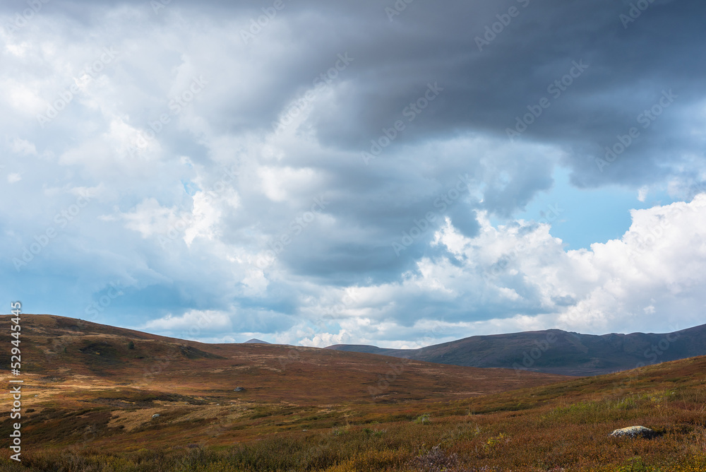 Beautiful autumn landscape of high mountain plateau under dramatic cloudy sky. Fading autumn colors in mountains in overcast. Atmospheric mountain scenery of tableland under clouds in rainy weather.