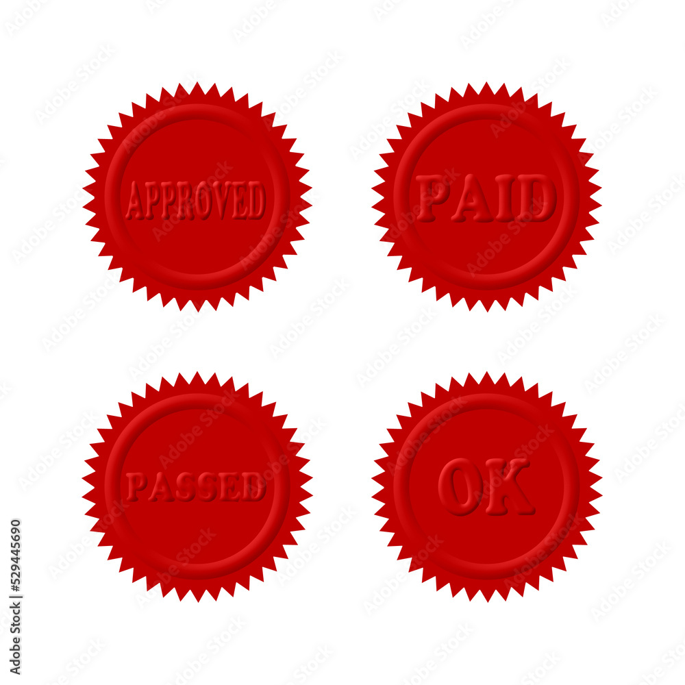 A set of 4 - 3D rendered illustrations of red business seals with text: A set of 4 - 3D rendered illustrations of red business seals with text: