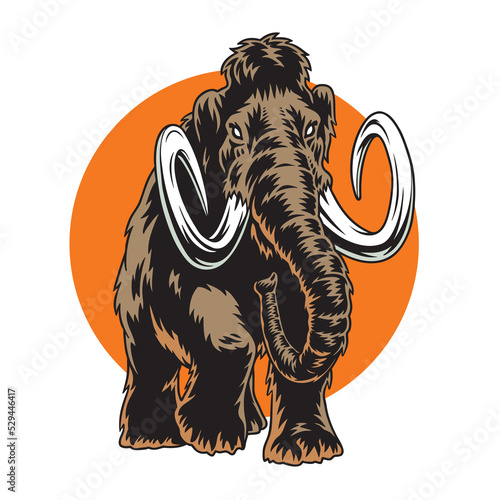 Mammoth walking, the sun on a background. Mascot style ice age giant animal isolated vector illustration. Good for poster or t shirt design.