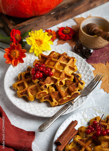 pumpkin waffles on a bright autumn table. autumn, halloween, holidays, holiday, halloween food, healthy food, organic food, farm products, autumn menu, concept.