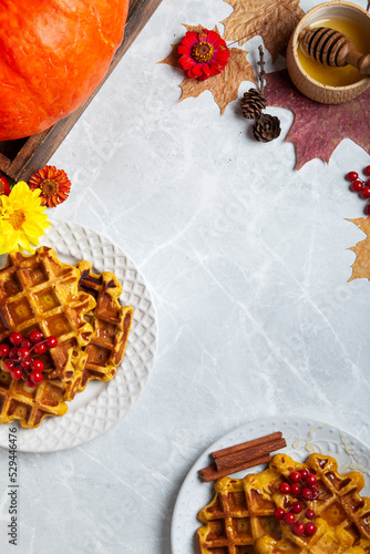 food frame for writing text with an autumn still life with pumpkins and waffles. pumpkin waffles on a bright autumn table. autumn, halloween, holidays, holiday, halloween food, autumn menu, concept.