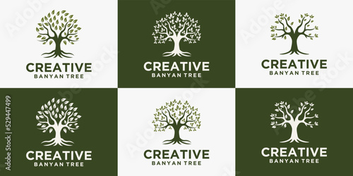 set The tree logo is a lush tree symbol of life, beauty, growth, gardening or eco green business.