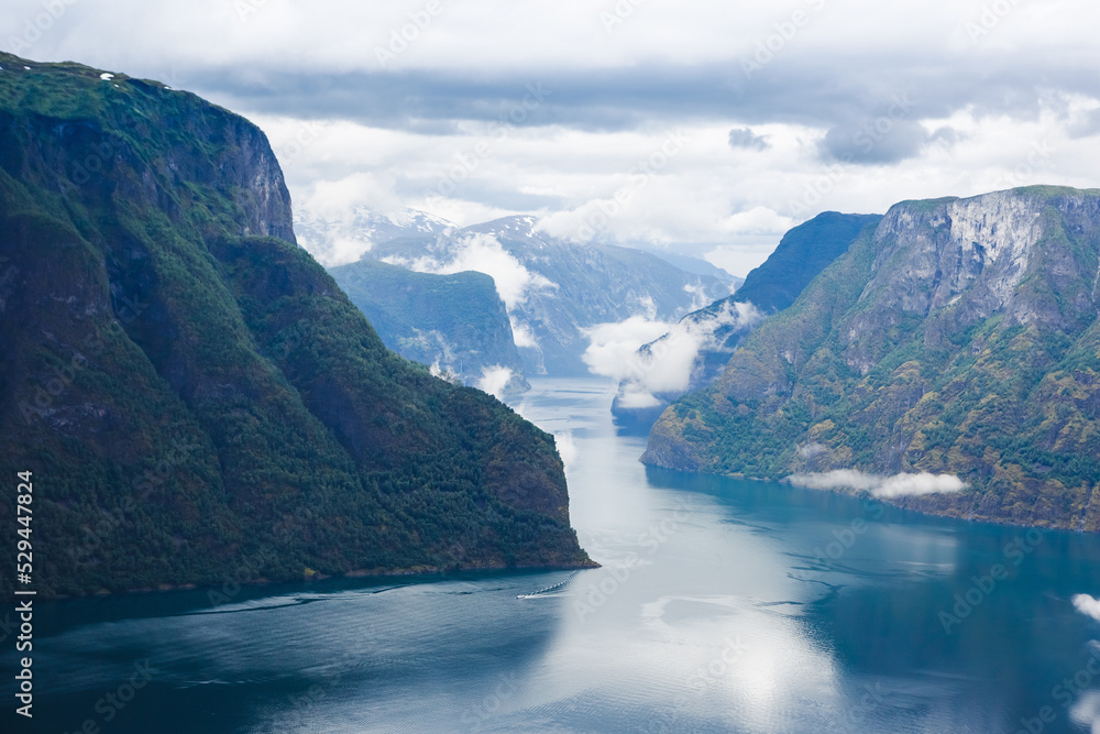 Bird view of fjord in Norway. Nature and travel background