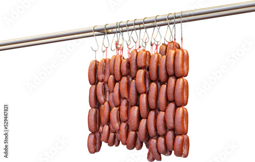 Turkish food bacon (pastirma) hanging on luxury delicatessen counter. traditional appetizer of the month of ramadan.