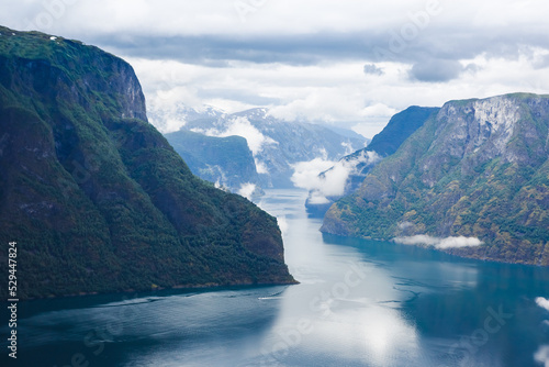 Bird view of fjord in Norway. Nature and travel background