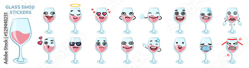 Glass emoji stickers set. Glass with various emotions isolated vector sticker pack. Red wine glass sad, in love, mad, happy and crying. Funny cartoon sticker pack collection.