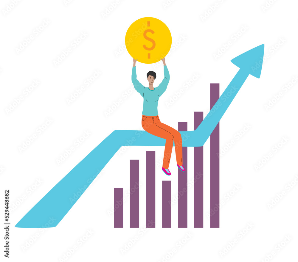 Money, income growth concept. Return on the investment. Capital. Flat vector illustration. Woman sitting on the graph arrow. Money, income growth concept. Return on the investment. Capital. Flat vector illustration. Woman sitting on the graph arrow.