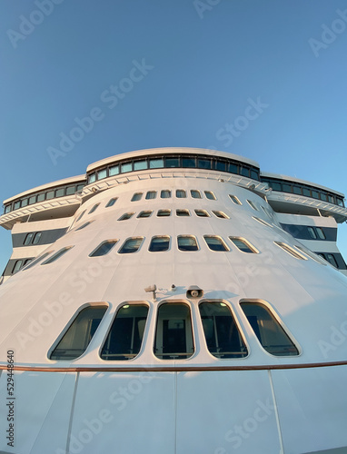 Fototapeta View from open outdoor deck of legendary luxury ocean liner cruise ship on passa