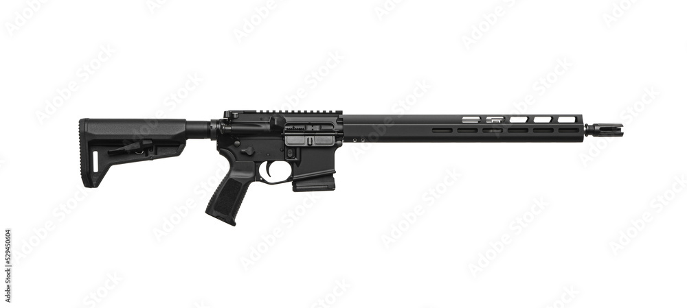 Modern automatic rifle isolated on white background. Weapons for police, special forces and the army. Automatic carbine. Assault rifle on white.